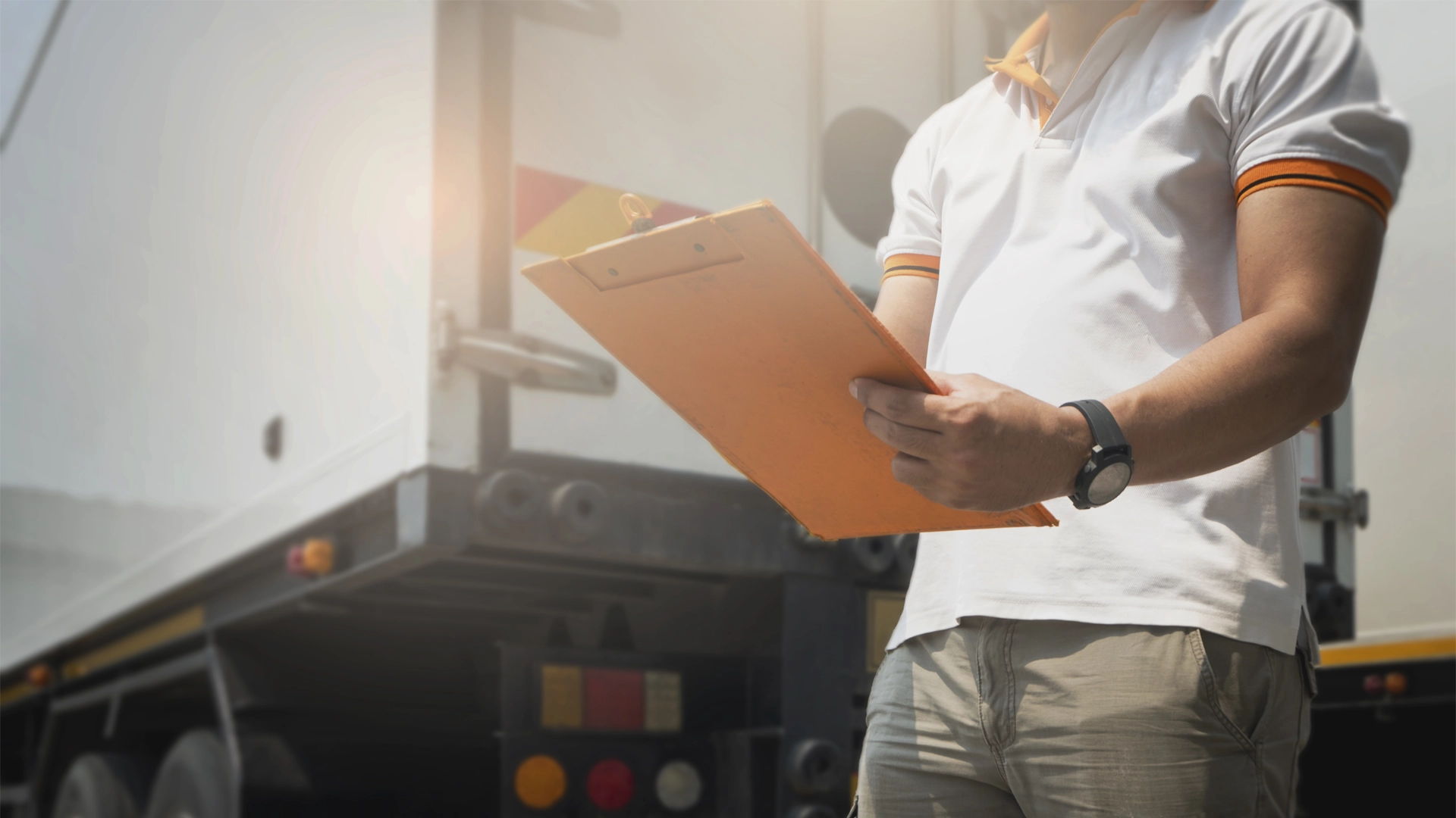 A man with a clipboard next to a truck