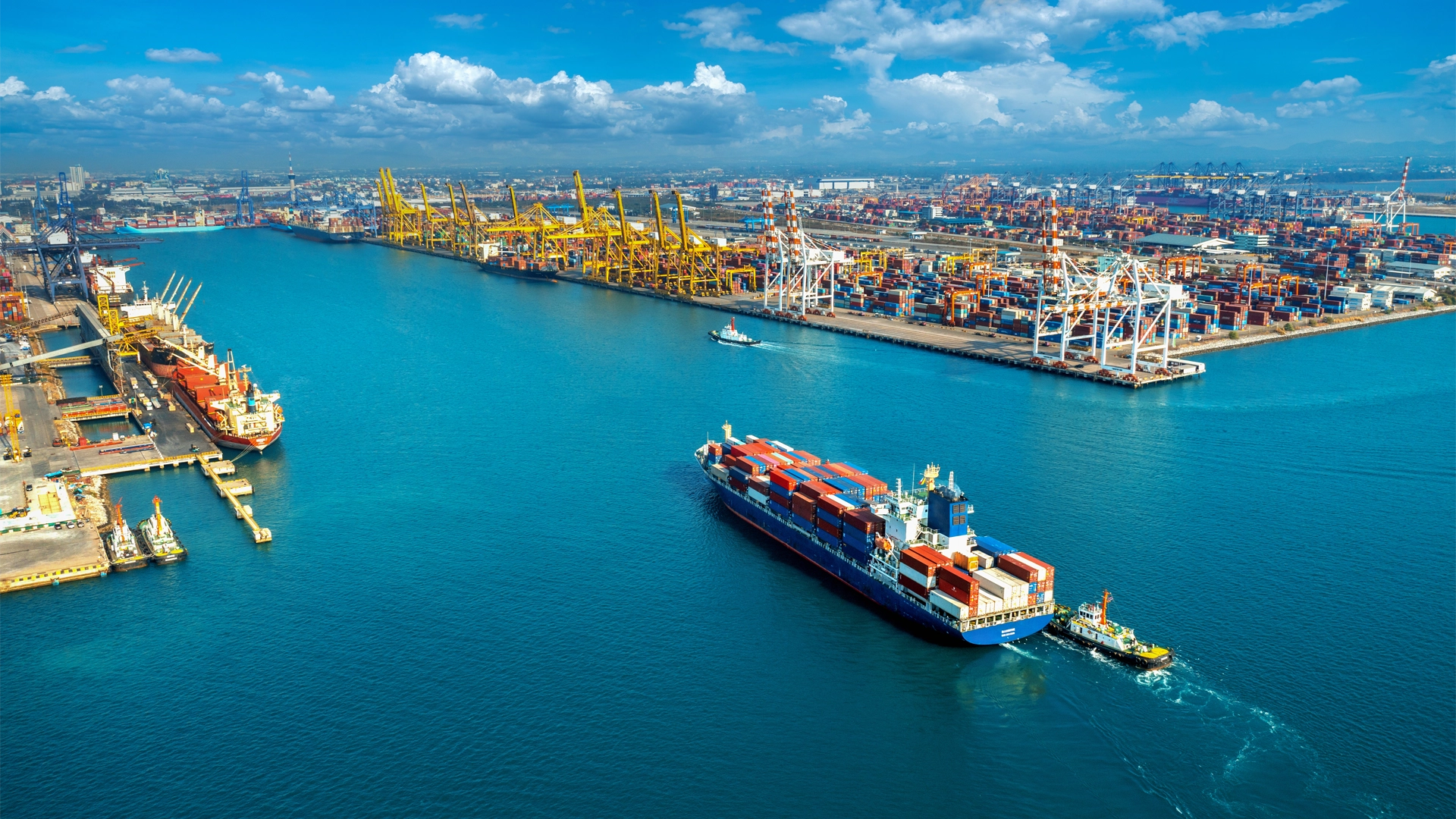 a cargo ship from a bird's eye view